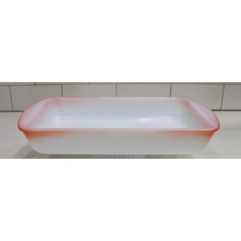Glasbake J2024 Milk Glass Baking Dish Coral/Persimmon Glow-Rim 1.5 Qt. USA